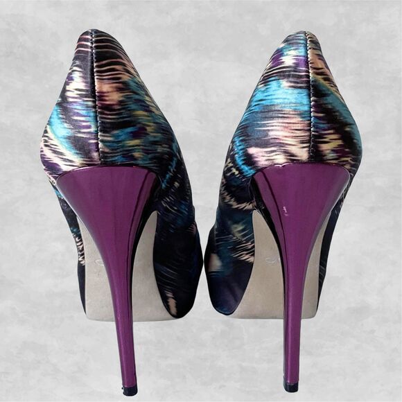 Aldo Purple/Blue Satin Peep Toe Platform Pumps Purple Metallic Heels-Size 8.5/39 - Picture 5 of 9